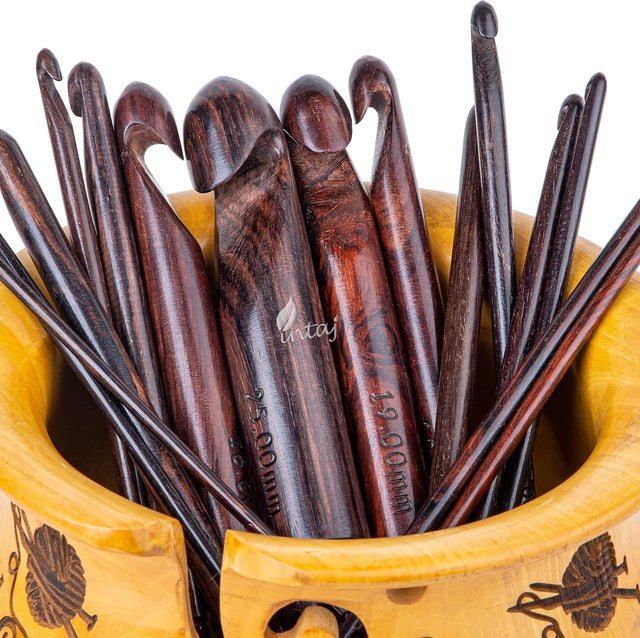 Rosewood Jumbo Crochet Hook Set Handmade, 15 Sizes Upto 25MM Wooden Crochet Hooks for Knitting, Size Engraved - Wooden Yarn Bowl Crochet Hook Accessories (Set of 7 3.5-10mm, Rosewood)