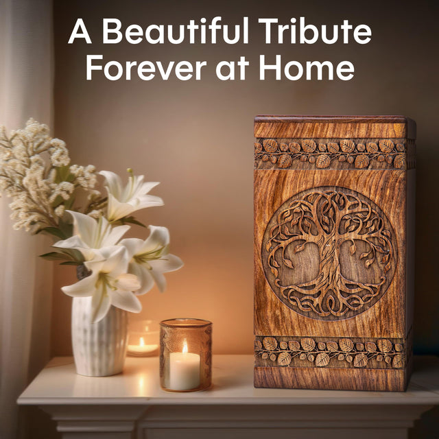 Hand-Carved Wooden Cremation Urn – Tree of Life – Suitable for Adult Male & Female – 250lbs