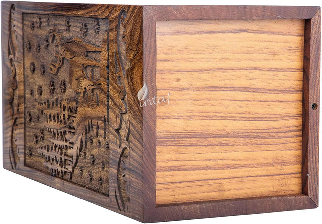 Handcarved Wooden Cremation Urn – Deer Carved Design in Custom Rosewood – Suitable for Adult Men & Women, Mom & Dad, and Pet Dogs – 20 Cu/in Capacity