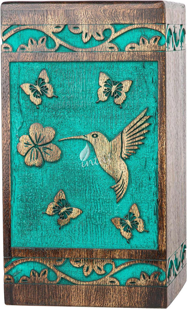 Handcarved Wooden Cremation Urn – Teal Green Rosewood Design – Suitable for Adult Men & Women, Mom & Dad – 118 Cu/in Capacity