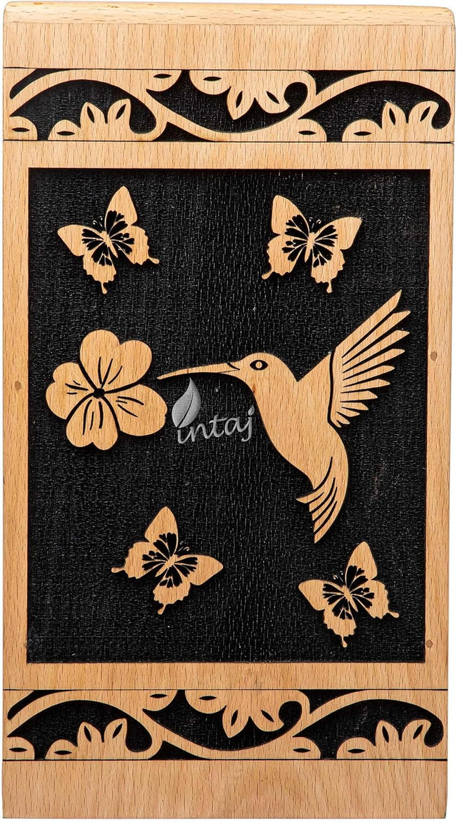 Handcarved Wooden Cremation Urn – Hummingbird Design in Beechwood – Suitable for Adult Men & Women – 180 Cu/in Capacity