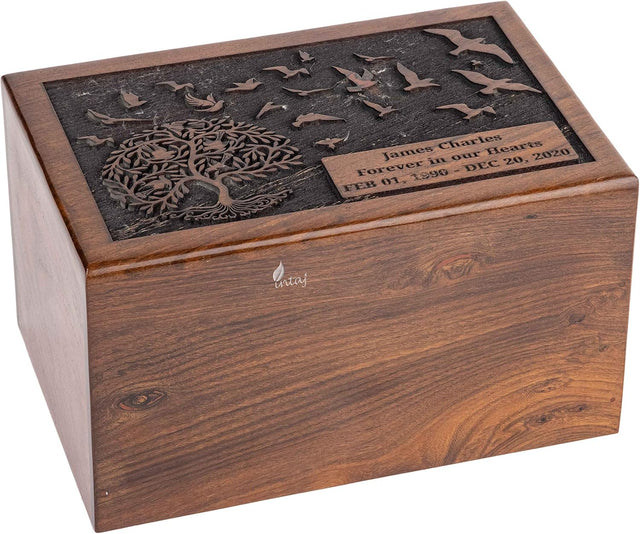 Handcarved Wooden Cremation Urn – Customised Tree of Life Birds Design – Suitable for Adult Men & Women, Mom & Dad – 340 Cu/in Capacity