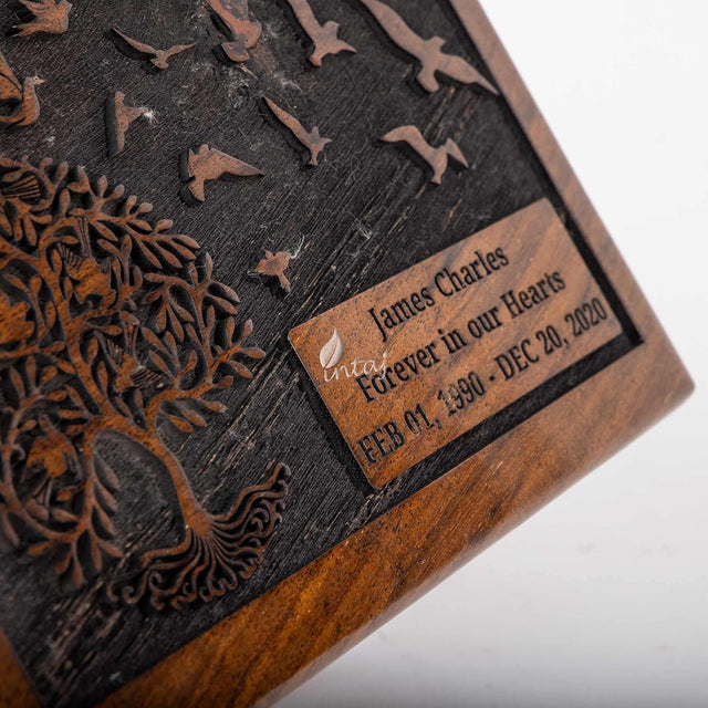 Handcarved Wooden Cremation Urn – Customised Tree of Life Birds Design – Suitable for Adult Men & Women, Mom & Dad – 110 Cu/in Capacity