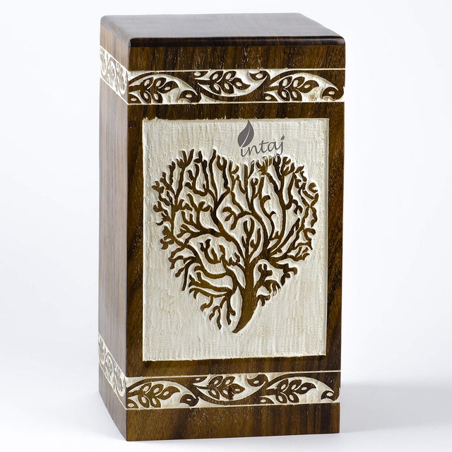 Handcarved Wooden Cremation Urn – Antique Heart Tree Design – Suitable for Adult Men & Women, Mom & Dad – 250 Cu/in Capacity