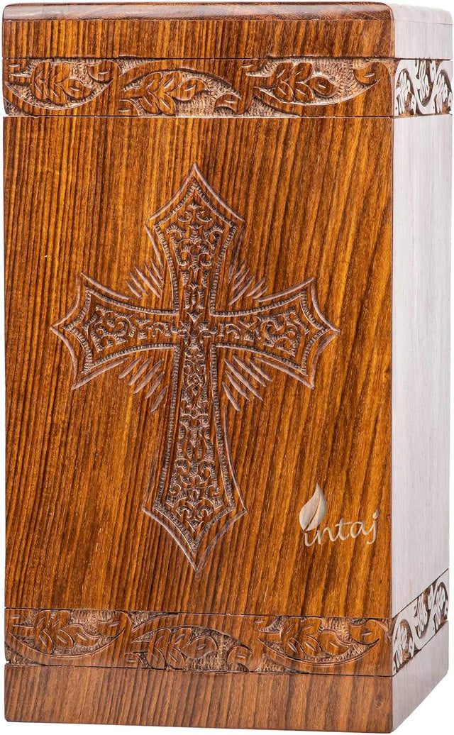 Handcarved Wooden Cremation Urn – Grace and Mercy Latin Cross Design – Suitable for Adult Men & Women, Mom & Dad – 180 Cu/in Capacity