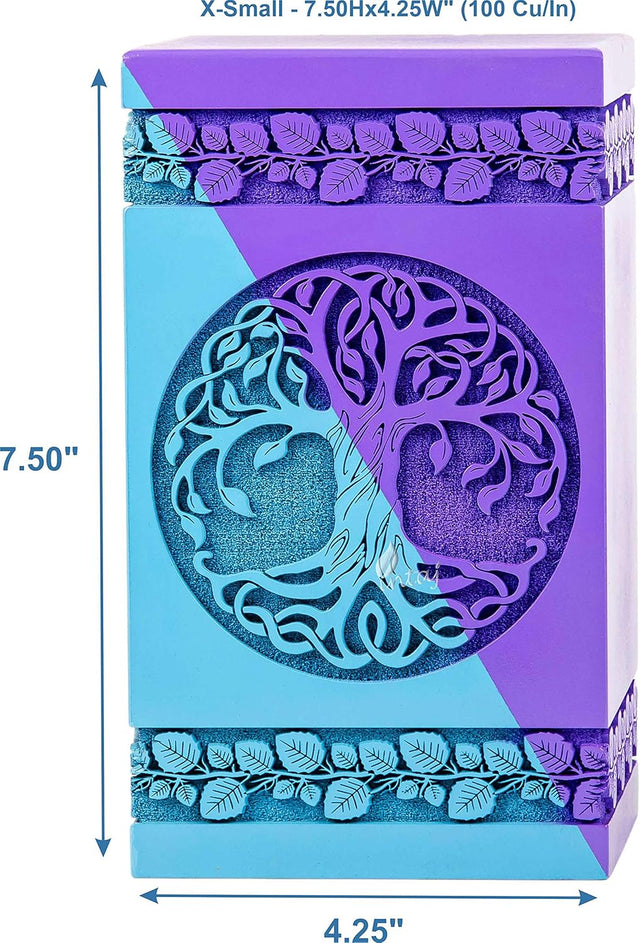 Handcarved Wooden Cremation Urn – Celtic Tree of Life Design – Suitable for Small Pets or Infants – 100 Cu/in Capacity – SkyBlue Purple Finish