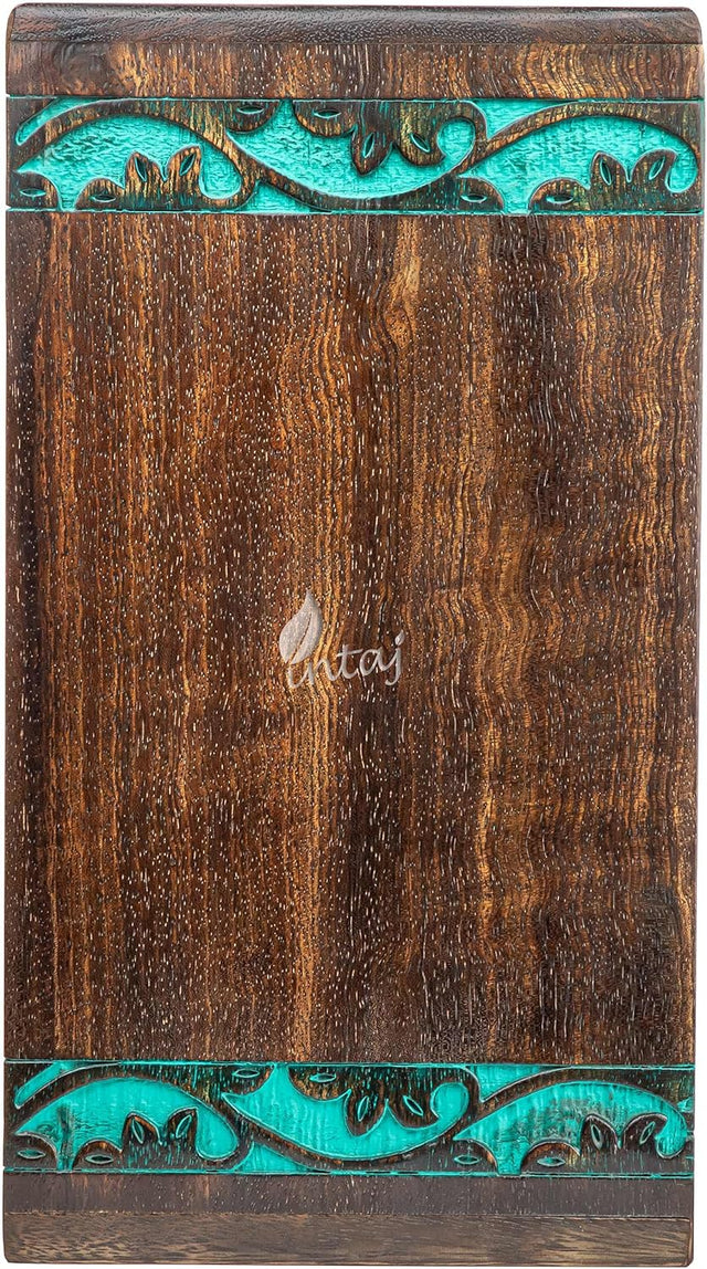 Handcarved Wooden Cremation Urn – Deer Carved Design in Custom Teal Green – Suitable for Adult Men & Women, Mom & Dad, and Pet Dogs – 115 Cu/in Capacity