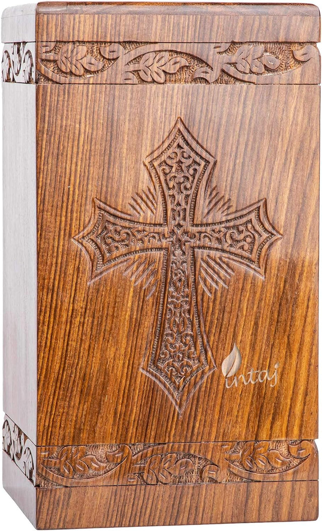 Handcarved Wooden Cremation Urn – Grace and Mercy Latin Cross Design – Suitable for Adult Men & Women, Mom & Dad – 180 Cu/in Capacity