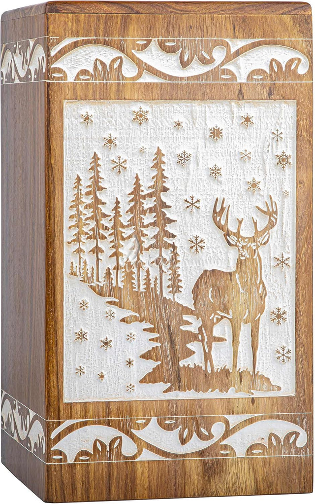 Handcarved Wooden Cremation Urn – Deer Carved Design in White Rosewood – Suitable for Adult Men & Women, Mom & Dad, and Pet Dogs – 115 Cu/in Capacity