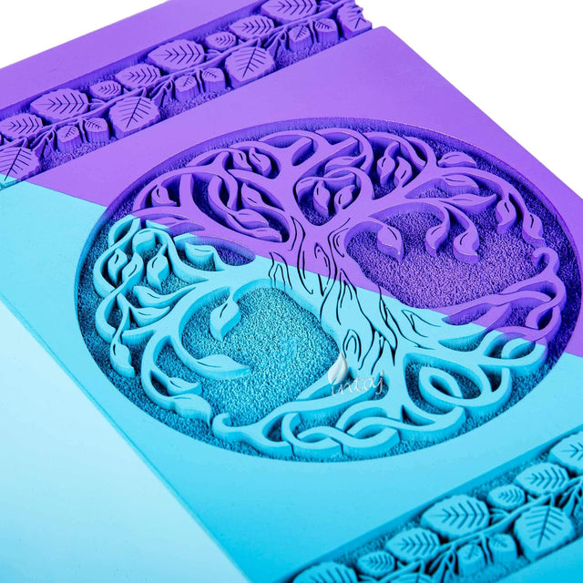 Handcarved Wooden Cremation Urn – Celtic Knot Tree of Life – Suitable for Adult Men & Women, Mom & Dad – 180 Cu/in Capacity – SkyBlue Purple Finish (Medium, 9.5x5.5")