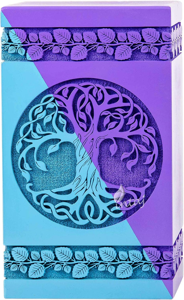 Handcarved Wooden Cremation Urn – Celtic Knot Tree of Life – Suitable for Small Amount of Ashes, Keepsake Memorial – 6.5 Cu/in Capacity – SkyBlue Purple Finish (3.5x2.0")