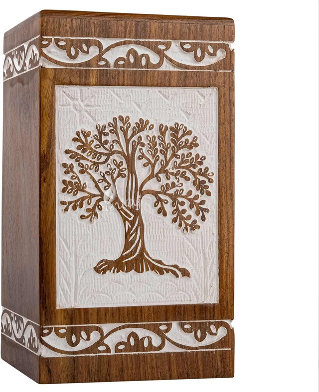 Handcarved Wooden Cremation Urn – Tree of Life Design in Antique Rosewood – Suitable for Adult Men & Women, Mom & Dad – 640 Cu/in Capacity