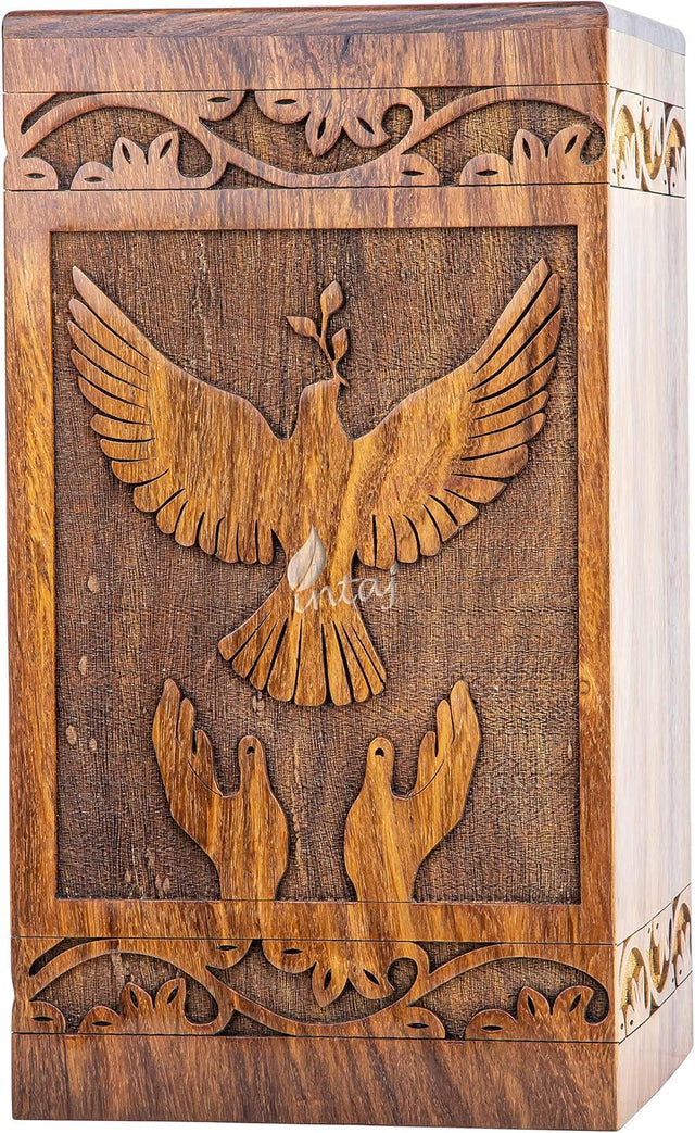 Handcarved Wooden Cremation Urn – Peaceful Bird Design in Natural Rosewood – Suitable for Adult Men & Women, Mom & Dad, and Pet Dogs – 180lbs Capacity