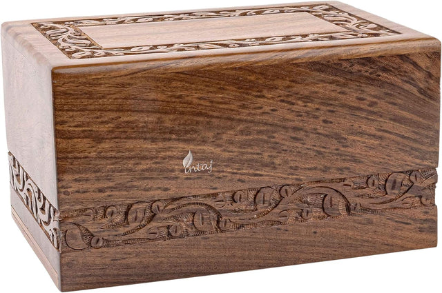 Handcarved Wooden Cremation Urn – Custom Border Carved Design – Suitable for Adult Men & Women, Mom & Dad – 185 Cu/in Capacity