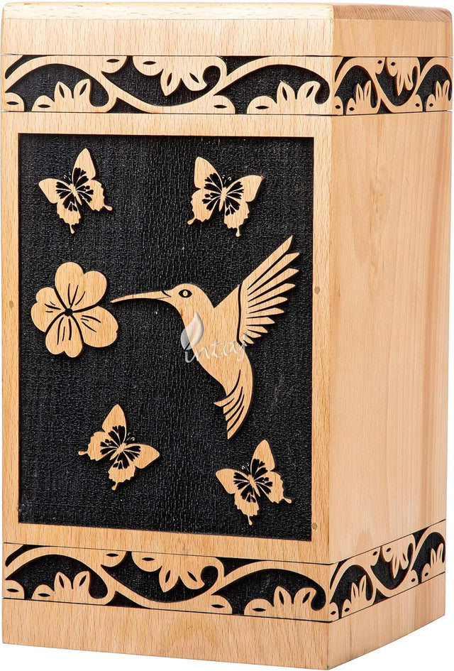 Handcarved Wooden Cremation Urn – Hummingbird Design in Beechwood – Suitable for Adult Men & Women – 115 Cu/in Capacity