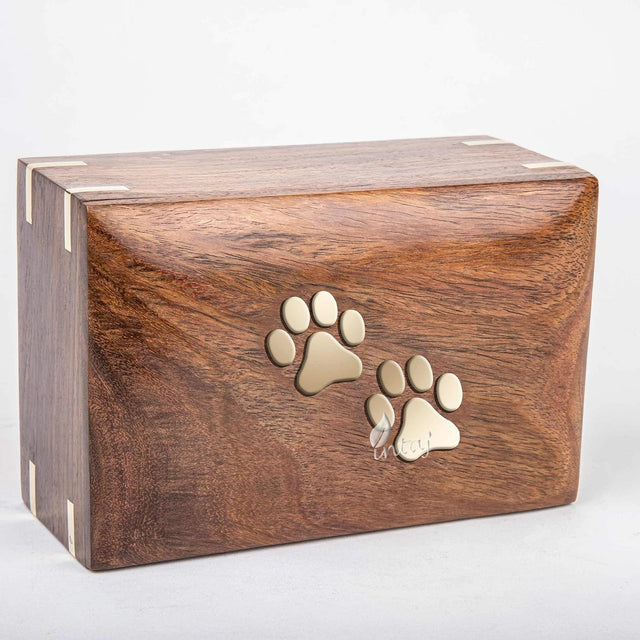Handcarved Wooden Pet Cremation Urn – Two Paws Design – Suitable for Dogs & Cats – 6x4x2.75 Size