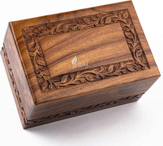 Handcarved Wooden Cremation Urn – Border Carved Design in Rosewood – Suitable for Adult Men & Women, Mom & Dad – 340 Cu/in Capacity