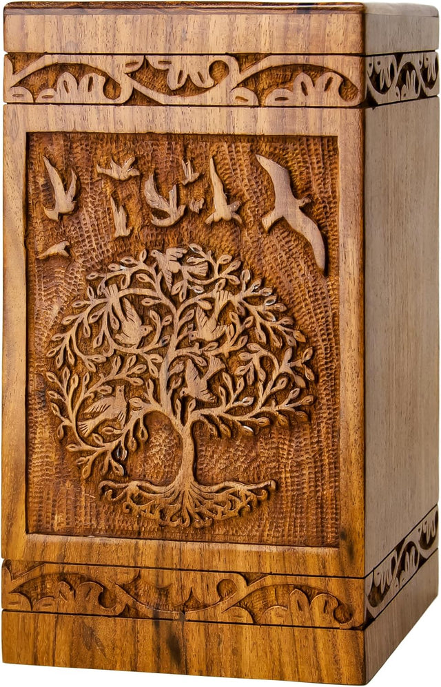 Handcarved Wooden Cremation Urn – Tree of Life Design – Suitable for Men & Women, Mom & Dad – 115lbs Capacity