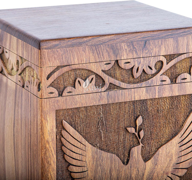 Handcarved Wooden Cremation Urn – Peaceful Bird Design in Natural Rosewood – Suitable for Adult Men & Women, Mom & Dad, and Pet Dogs – 180lbs Capacity