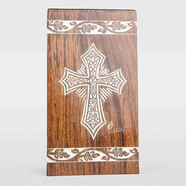 andcarved Wooden Cremation Urn – Grace and Mercy Cross Design – Suitable for Adult Men & Women, Mom & Dad – 180 Cu/in Capacity – Antique Latin Cross