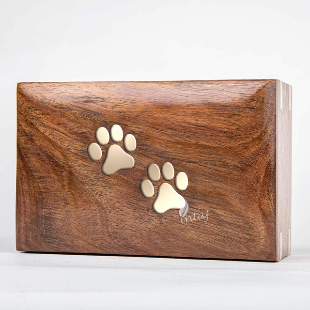 Handcarved Wooden Pet Cremation Urn – Custom Engraved Rosewood with Two Paws Inlaid Design – Suitable for Pets – 121lbs Capacity