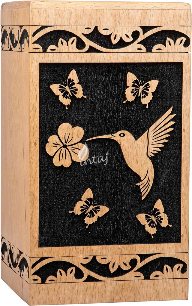 Handcarved Wooden Cremation Urn – Hummingbird Design in Beechwood – Suitable for Adult Men & Women – 115 Cu/in Capacity