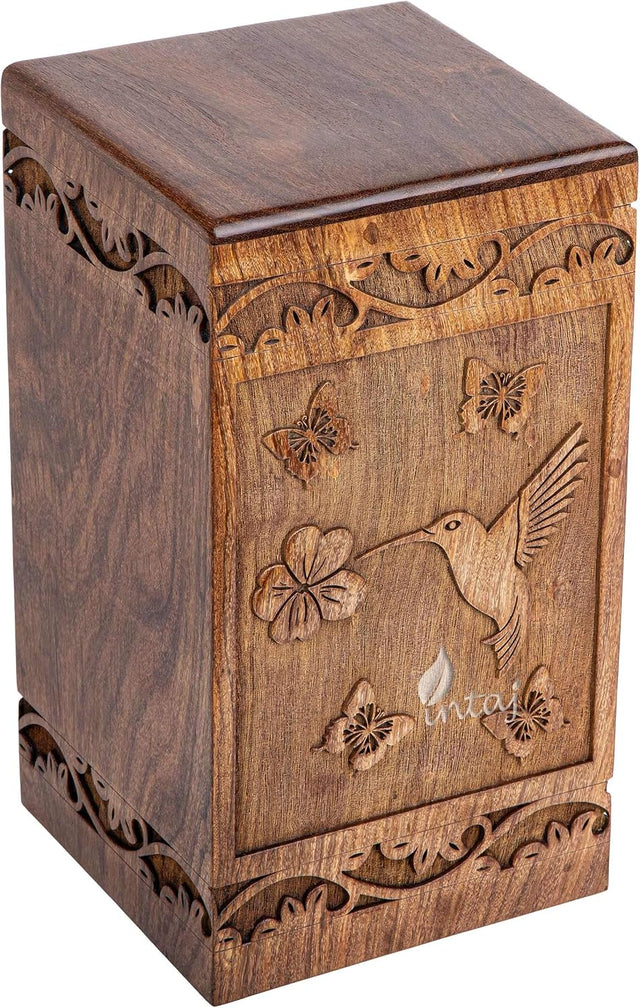 Handcarved Wooden Cremation Urn – White Butterfly Birds with Hummingbird Design – Suitable for Adult Men & Women – 115 Cu/in Capacity