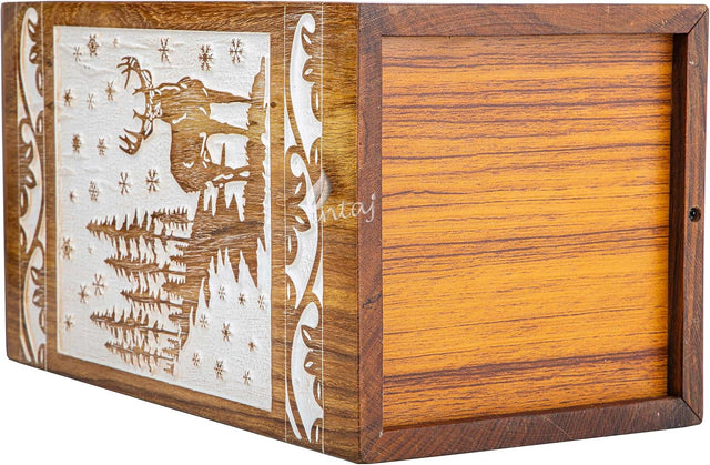 Handcarved Wooden Cremation Urn – Deer Carved Design in White Rosewood – Suitable for Adult Men & Women, Mom & Dad, and Pet Dogs – 250 Cu/in Capacity