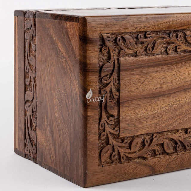 Handcarved Wooden Cremation Urn – Border Carved Design in Rosewood – Suitable for Adult Men & Women, Mom & Dad – 340 Cu/in Capacity