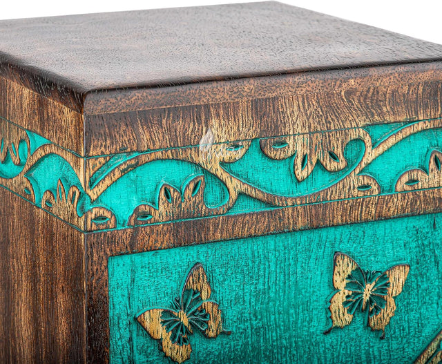 Handcarved Wooden Cremation Urn – Hummingbird Design in Teal Green – Suitable for Adult Men & Women – 250 Cu/in Capacity