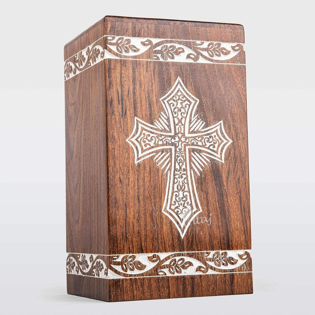 andcarved Wooden Cremation Urn – Grace and Mercy Cross Design – Suitable for Adult Men & Women, Mom & Dad – 180 Cu/in Capacity – Antique Latin Cross
