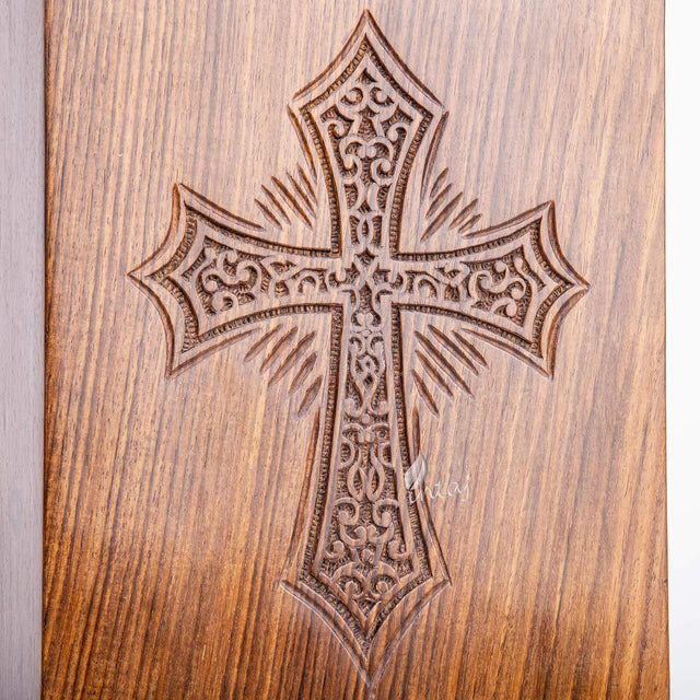 Handcarved Wooden Cremation Urn – Grace and Mercy Latin Cross Design – Suitable for Adult Men & Women, Mom & Dad – 180 Cu/in Capacity