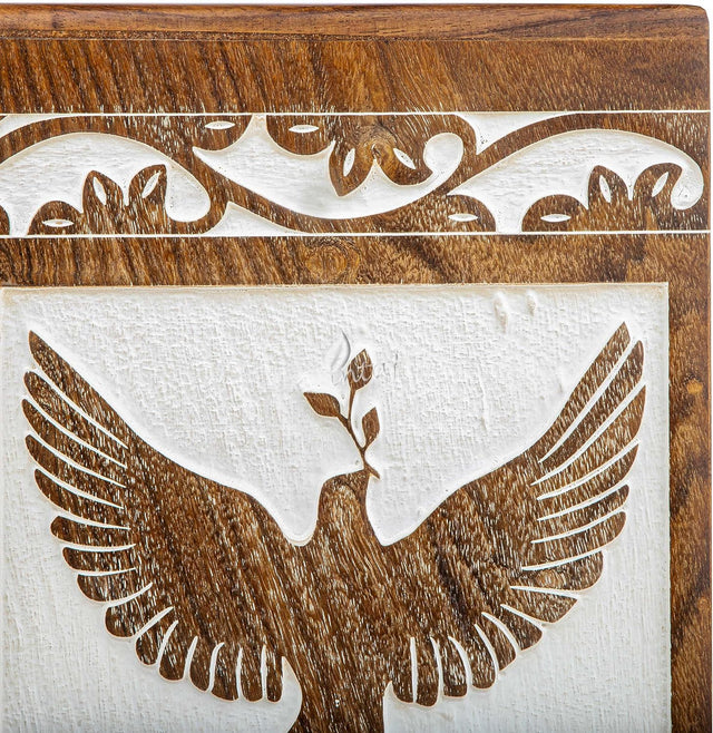 Handcarved Wooden Cremation Urn – Peaceful Bird Design in Daisy White – Suitable for Pet Dogs – 180lbs Capacity