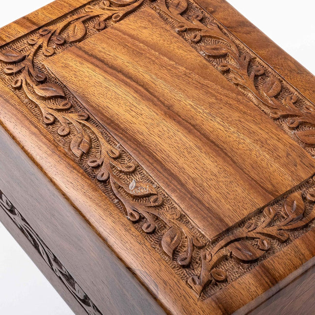 Handcarved Wooden Cremation Urn – Custom Border Carved Design – Suitable for Adult Men & Women, Mom & Dad – 185 Cu/in Capacity