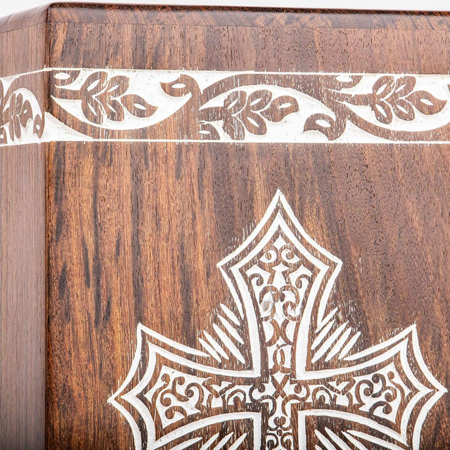 andcarved Wooden Cremation Urn – Grace and Mercy Cross Design – Suitable for Adult Men & Women, Mom & Dad – 180 Cu/in Capacity – Antique Latin Cross