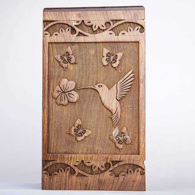 Handcarved Wooden Cremation Urn – White Butterfly Birds with Hummingbird Design – Suitable for Adult Men & Women – 115 Cu/in Capacity
