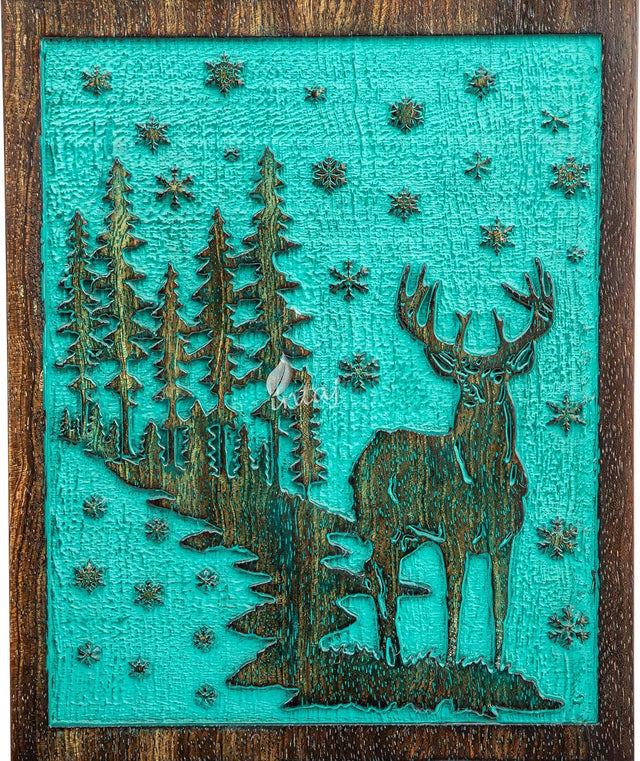 Handcarved Wooden Cremation Urn – Deer Carved Design in Custom Teal Green – Suitable for Adult Men & Women, Mom & Dad, and Pet Dogs – 250 Cu/in Capacity