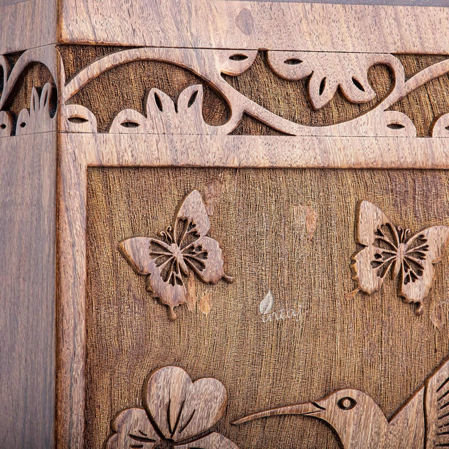 Handcarved Wooden Cremation Urn – White Butterfly Birds with Hummingbird Design – Suitable for Adult Men & Women – 250lbs Capacity