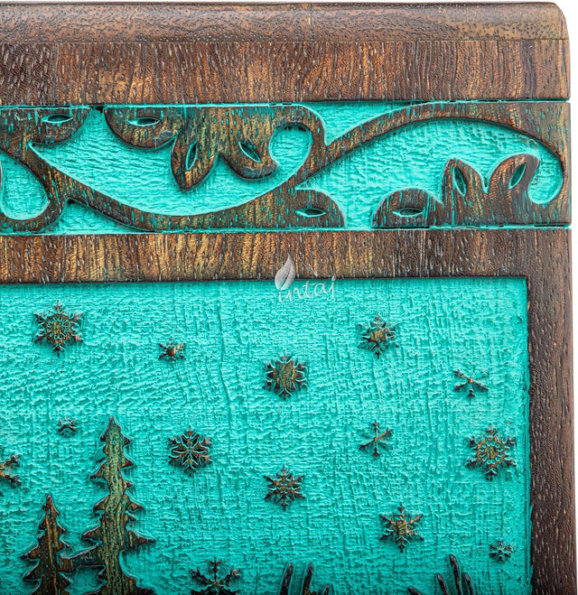 Handcarved Wooden Cremation Urn – Deer Carved Design in Custom Teal Green – Suitable for Adult Men & Women, Mom & Dad, and Pet Dogs – 20 Cu/in Capacity