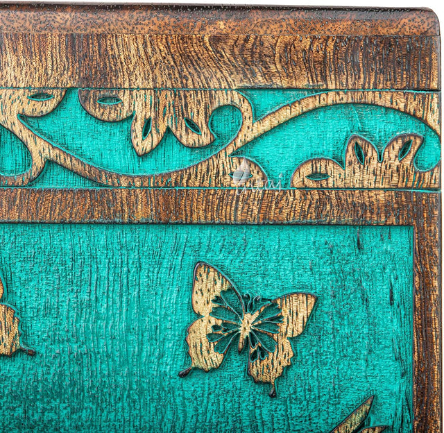 Handcarved Wooden Cremation Urn – Hummingbird Design in Teal Green – Suitable for Adult Men & Women – 180 Cu/in Capacity