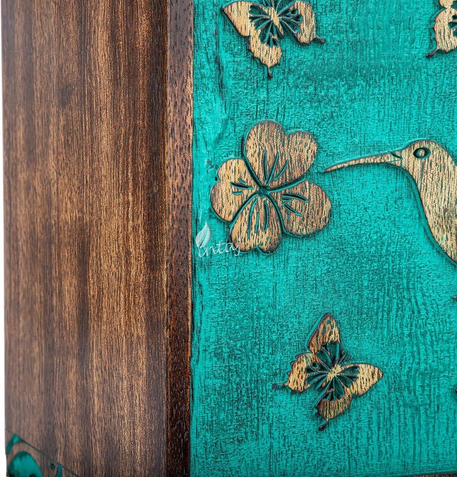 Handcarved Wooden Cremation Urn – Hummingbird Design in Teal Green – Suitable for Adult Men & Women – 180 Cu/in Capacity