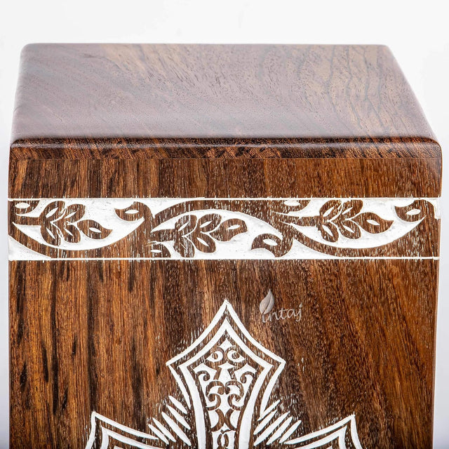 andcarved Wooden Cremation Urn – Grace and Mercy Cross Design – Suitable for Adult Men & Women, Mom & Dad – 180 Cu/in Capacity – Antique Latin Cross
