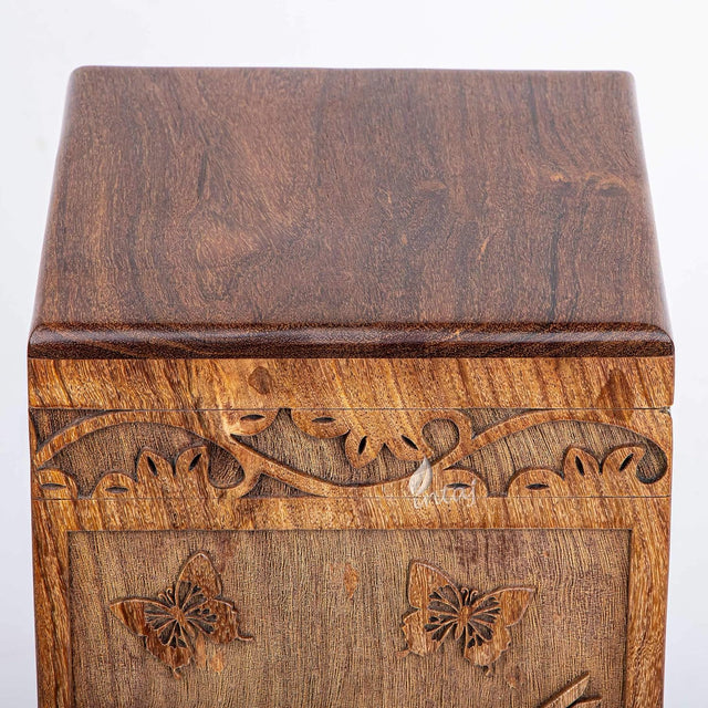 Handcarved Wooden Cremation Urn – White Butterfly Birds with Hummingbird Design – Suitable for Adult Men & Women – 115 Cu/in Capacity
