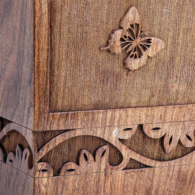 Handcarved Wooden Cremation Urn – White Butterfly Birds with Hummingbird Design – Suitable for Adult Men & Women – 180lbs Capacity