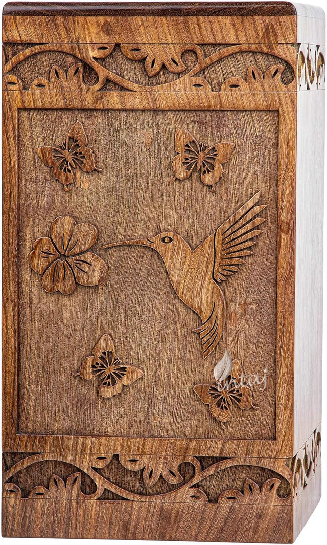 Handcarved Wooden Cremation Urn – White Butterfly Birds with Hummingbird Design – Suitable for Adult Men & Women – 115 Cu/in Capacity