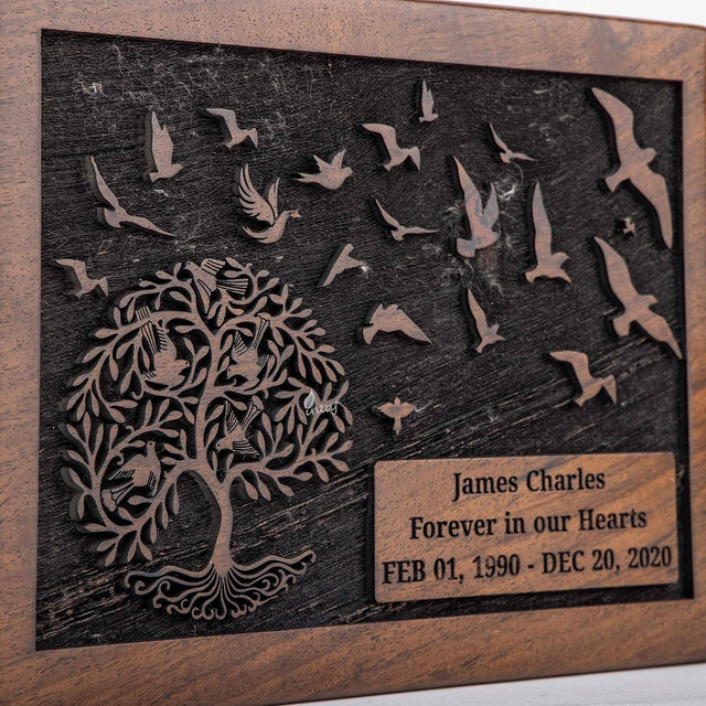 Handcarved Wooden Cremation Urn – Customised Tree of Life Birds Design – Suitable for Adult Men & Women, Mom & Dad – 340 Cu/in Capacity