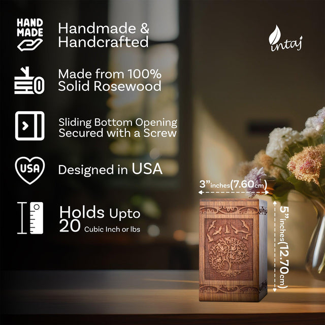 Handcarved Wooden Cremation Urn for Human Ashes - Tree of Life Design