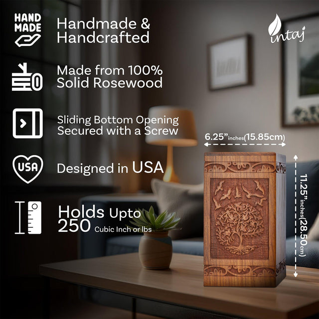 Handcarved Wooden Cremation Urn for Human Ashes - Tree of Life Design