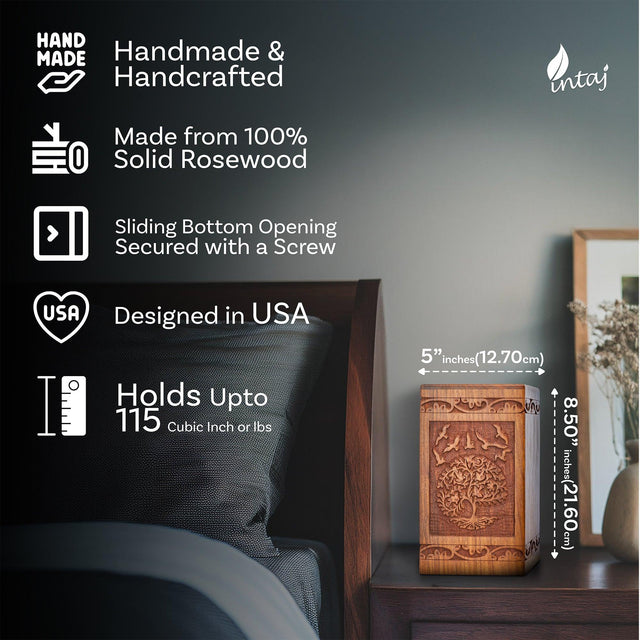 Handcarved Wooden Cremation Urn for Human Ashes - Tree of Life Design