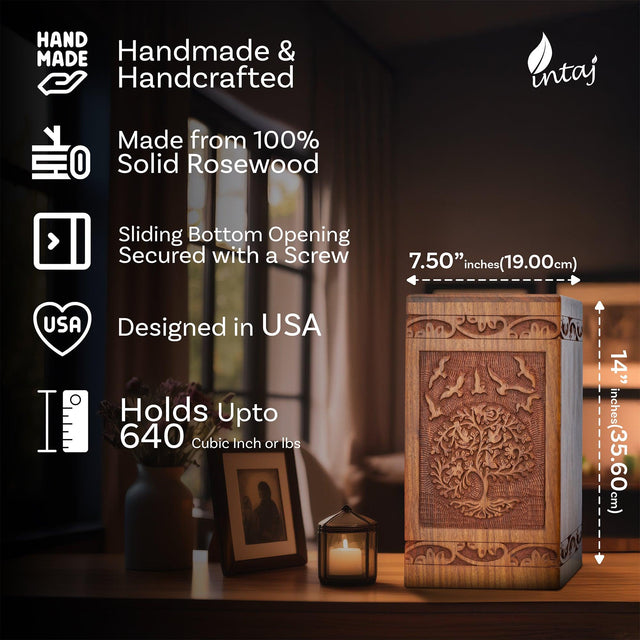 Handcarved Wooden Cremation Urn for Human Ashes - Tree of Life Design